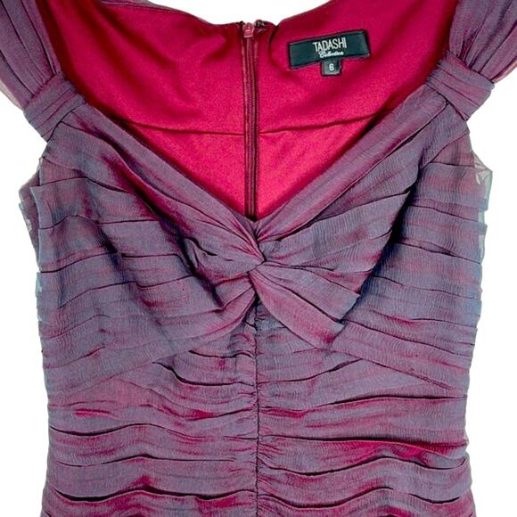 TADASHI Collection Wine & Teal Ruched Chiffon Cocktail Dress Off Shoulder Size 6 - Picture 9 of 16